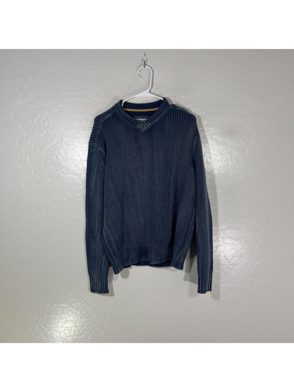 32 Bar Blues Sweater Mens Small Blue 100% Cotton V Neck Rib Knit Pullover Casual